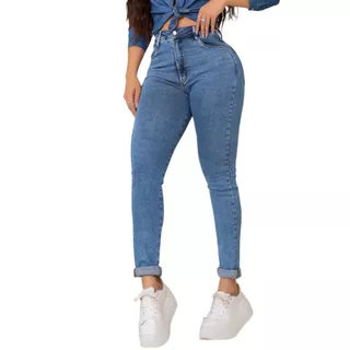 Calca Jeans Feminina Mom Fit Com Elastano Cintura Alta Chapa Barriga