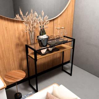 Aparador Buffet Com Tampo De Vidro Luxo Estilo Industrial 2 Prateleiras Aço Preto Fosco MDF Imbuia para Sala de Estar Cozinha Decoração