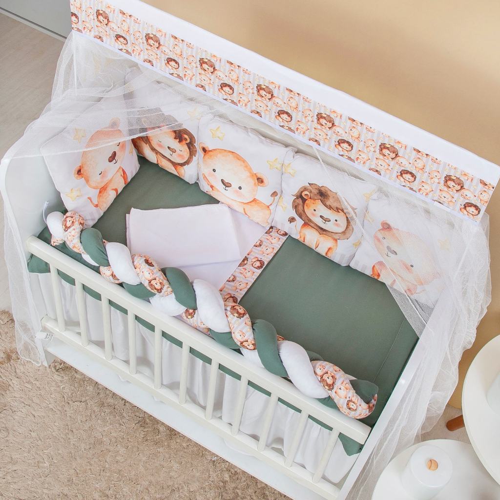 KIT PARA MINI BERÇO ALMOFADINHAS 12 PEÇAS + SAIA - LEÃOZINHO