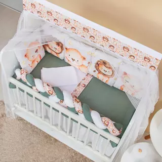 KIT PARA MINI BERÇO ALMOFADINHAS 12 PEÇAS + SAIA - LEÃOZINHO