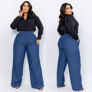 calça jeans plus size feminina wide leg boca de sino lastex cós alto premium