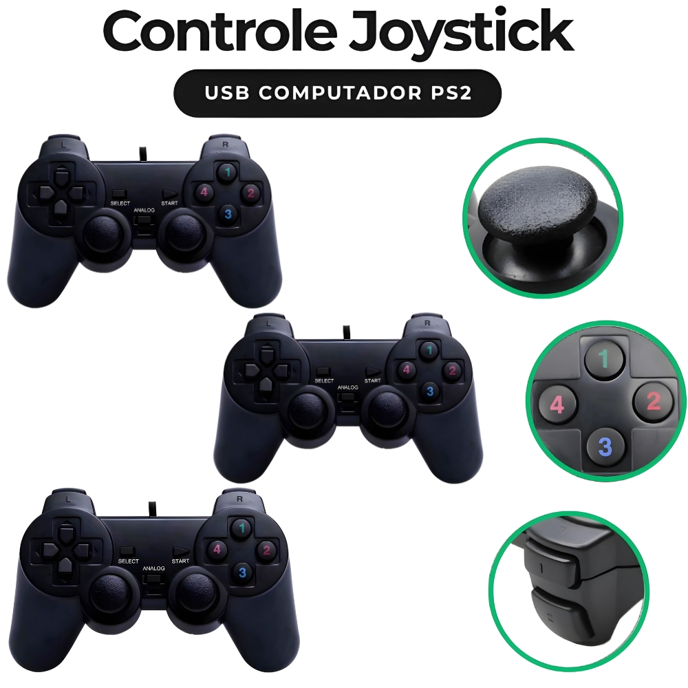 Kit 3 Controle Com Entrada Usb Joystick Games Computador E Console