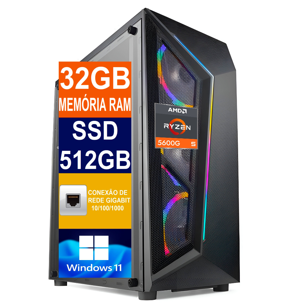 Pc Gamer Cpu Ryzen 5 5600g / Ssd 512gb / 32gb Memória Ram DDR4 / Fonte 500W / Windows 11