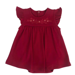 Body vestido bebê vermelho bordado flores e manga franzida