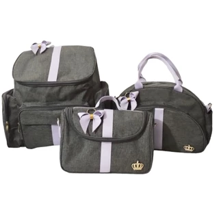 Kit Bolsa Maternidade Mochila Cinza/Lilas Linho Laço Luxo Marfim