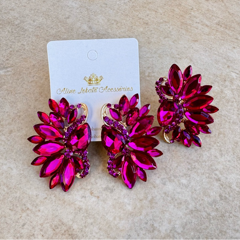 Brinco e Anel e Pulseira Pink Fucsia de Festa para Madrinhas e Formandas