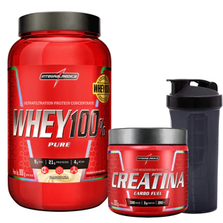 Whey 100% Pure - 900g - Pote + Creatina Carbo Fuel - 300g - Integralmédica + Coqueteleira