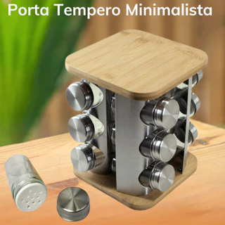 Porta Tempero Condimentos Inox 12 Potes Suporte Giratório Bambu Premium Quadrado Prata
