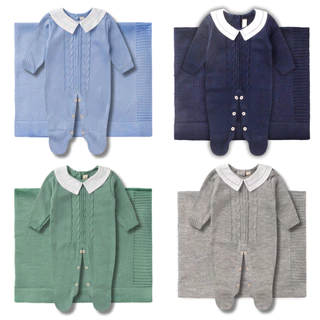 Kit Saída Maternidade Menino Tricô Macacão e Manta Tricot Bebe