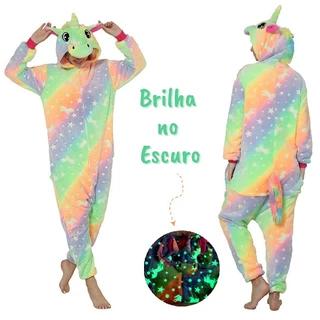 Pijama Macacão Feminino Adulto Unicórnio Brilha no escuro super confortável
