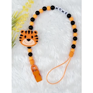 Prendedor de chupeta Tigrinho personalizado com o nome do bebê