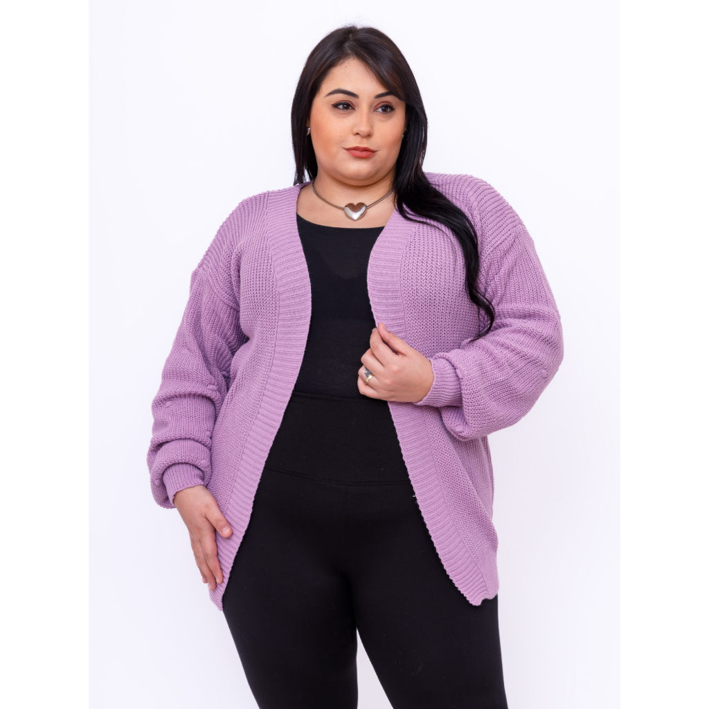 Casaco plus size de tricô linho pipoca manga bufantes 40010