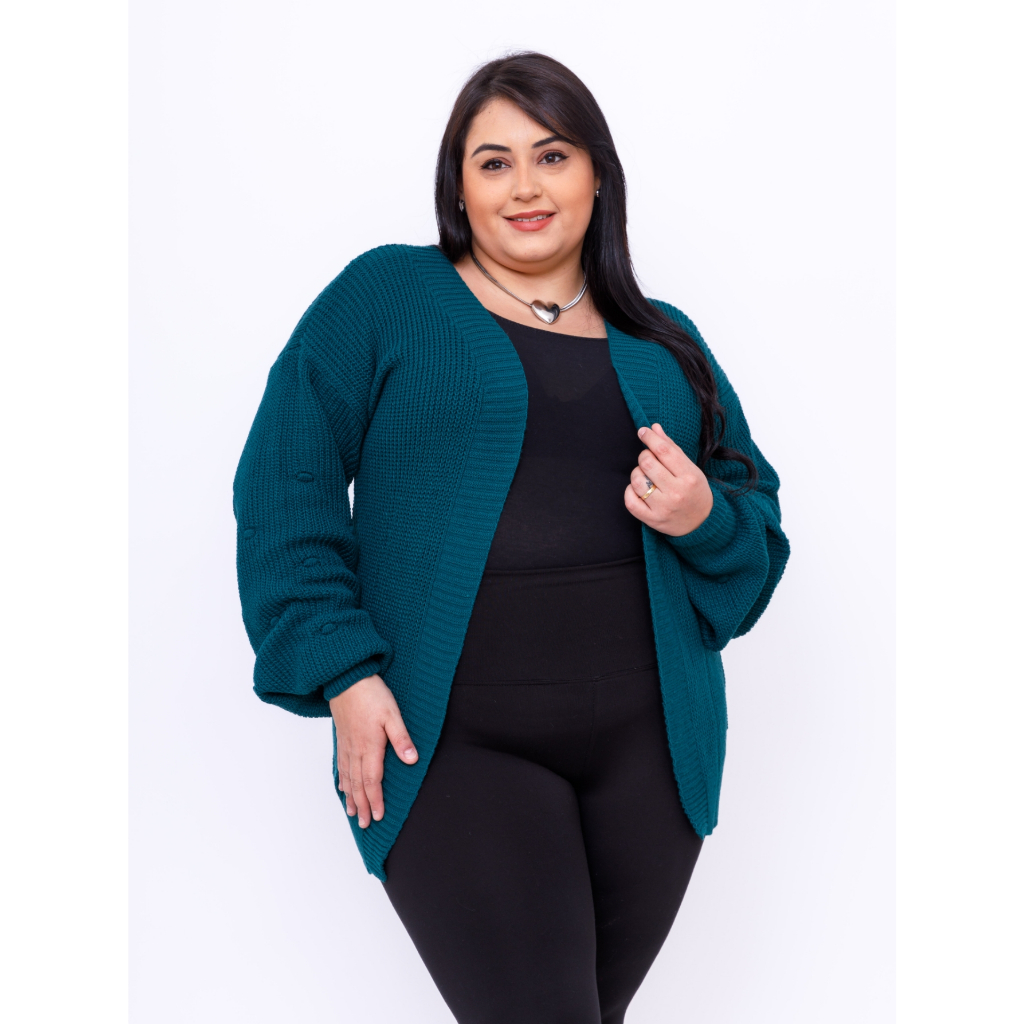 Casaco plus size de tricô linho pipoca manga bufantes 40010
