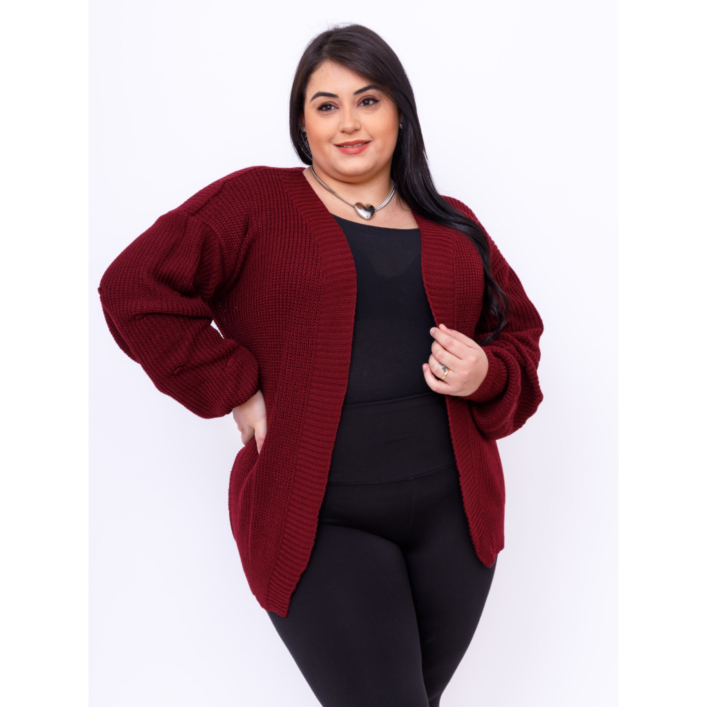 Casaco plus size de tricô linho pipoca manga bufantes 40010