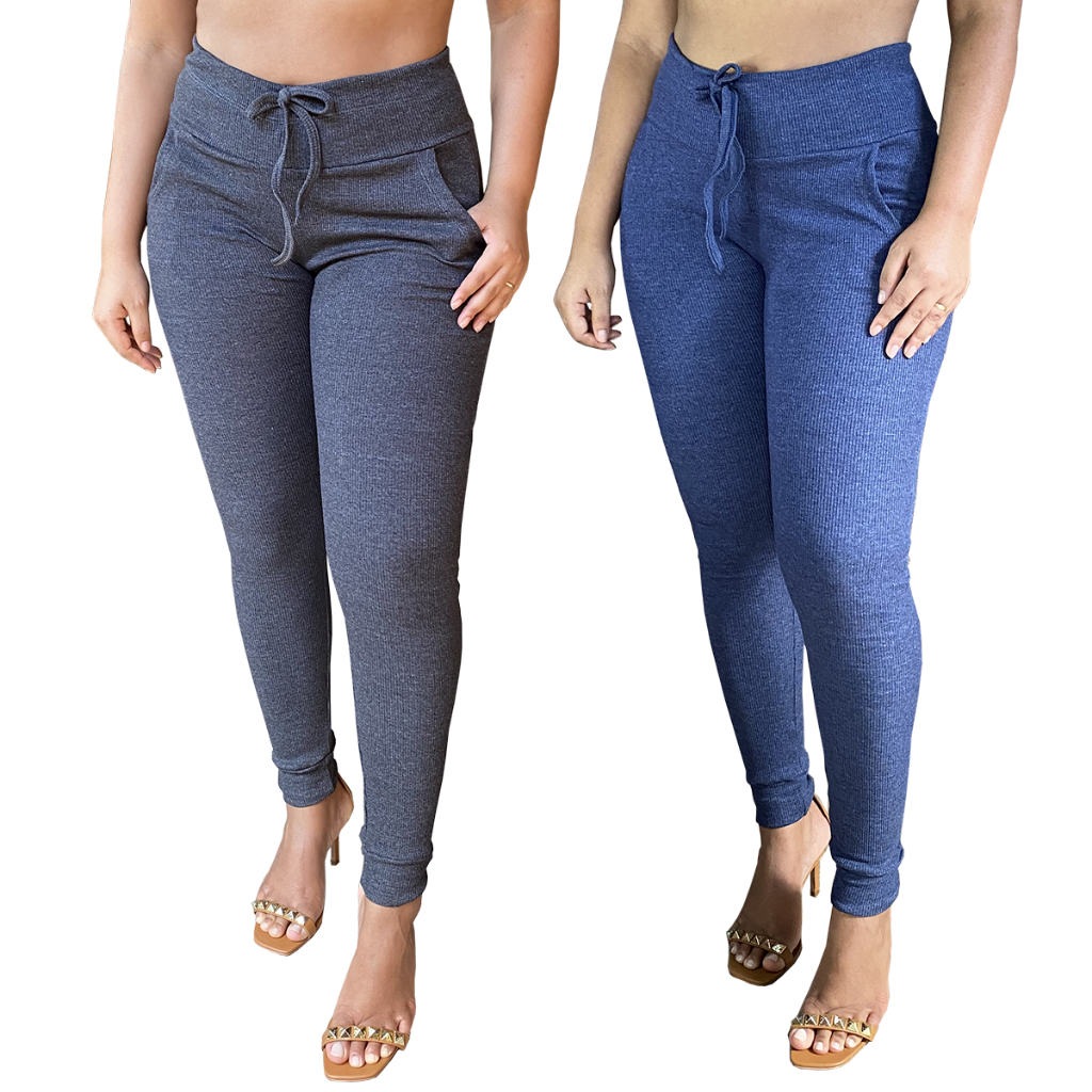 kit 2 calças feminina algodão com elastano calça skinny cintura alta