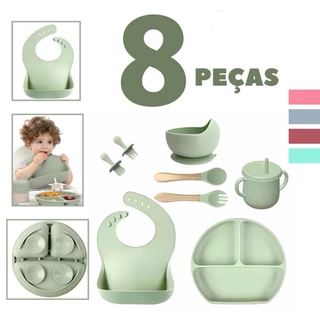 Conjunto 8pcs Kits De Silicone Para Louça De Mesa Bebês Sucção Tigela De Alimentação Sem Escorregamento Colheres De Prato Dividido Copo De Palha Treinamento BPA Free Materiais de segurança Para envio imediato