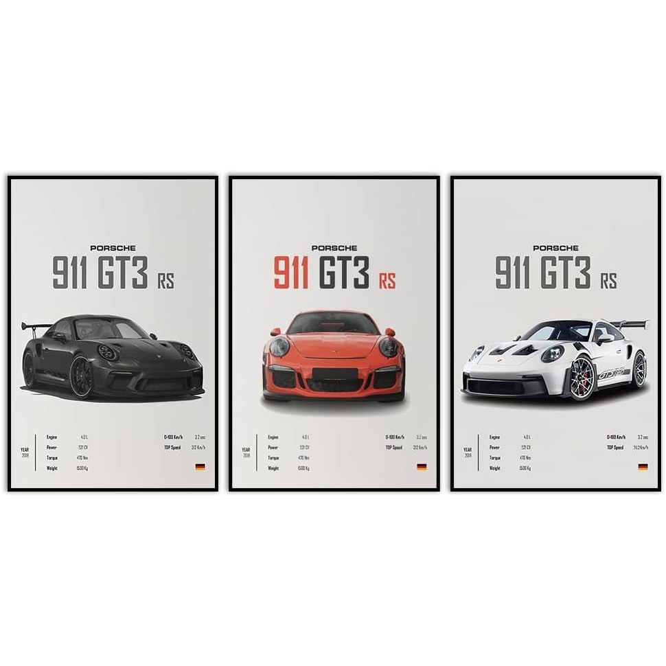 Quadro decorativo porche carrera gt3 rs esportiva 3 peças sala quarto cozinha e escritório decoração 3 peças sala quarto cozinha e escritorio decoraçao