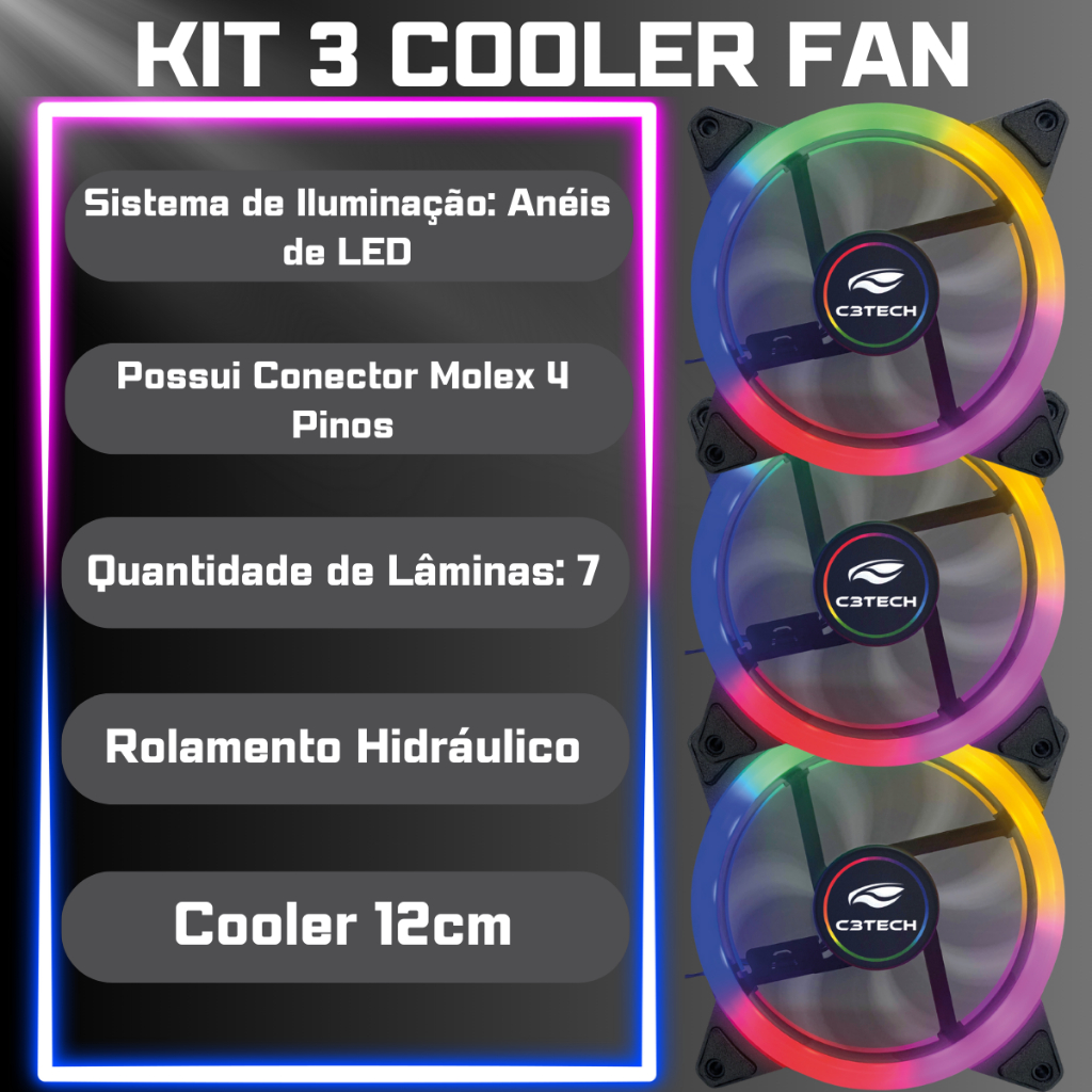 Kit 3 Cooler Fan Gamer 120mm Silencioso Com Led RGB | Shopee Brasil