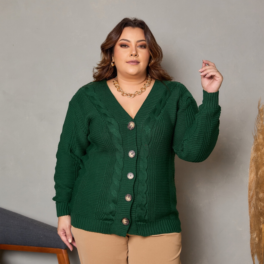 Casaco Blusa Tricôt Plus Size Botões Trança Decote Ref-022