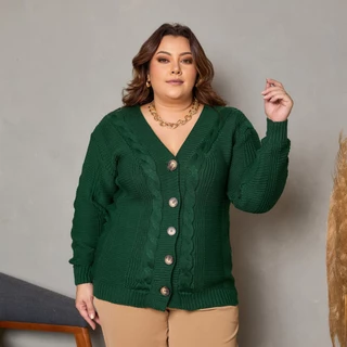 Casaco Blusa Tricôt Plus Size Botões Trança Decote Ref-022