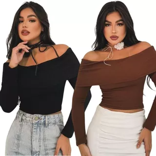 Kit 2 Blusa Canelado Manga Longa Feminino Moda Gringa Estiloso Basico Festa