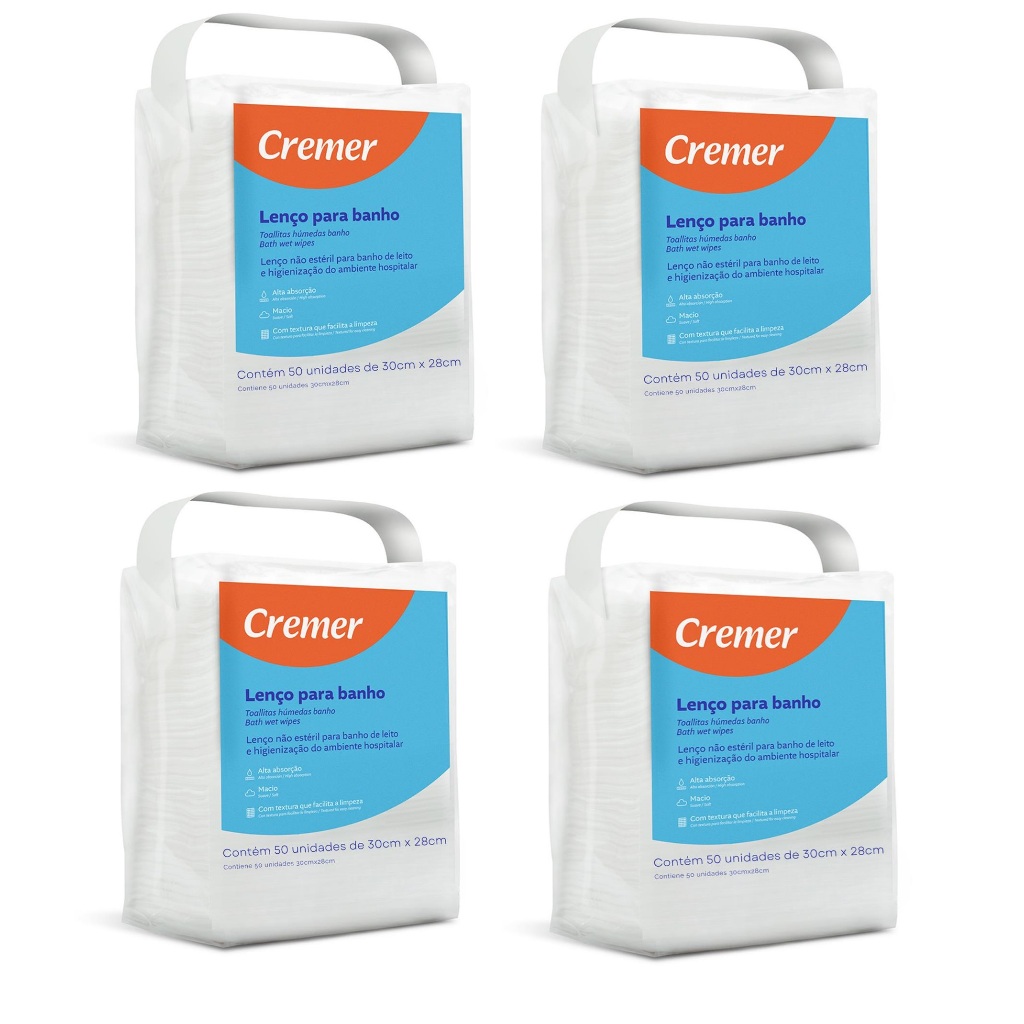 Kit 4 Lenco Para Banho No Leito Cremer Pacote C/50 Unidades