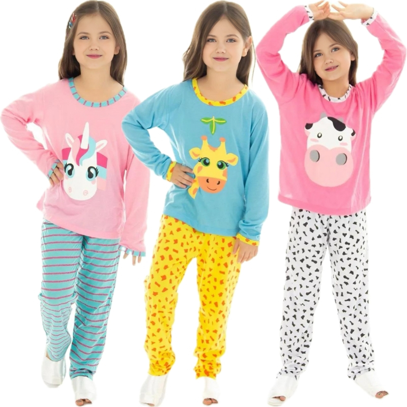 Pijama Infantil Manga Longa Feminino Inverno Personagens Elástico na Cintura Confortável em Oferta na Shopee