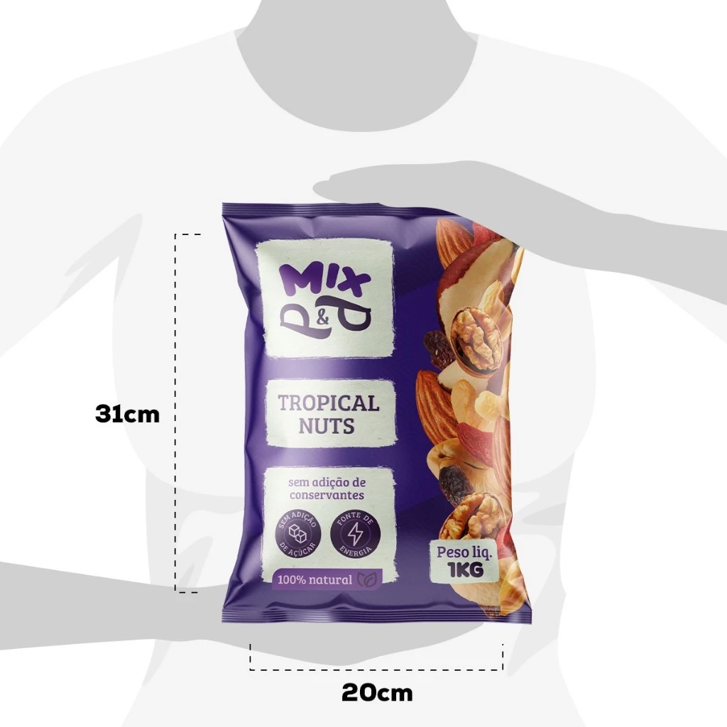 Embalagem do Mix Tropical Nuts P&P de 1kg exibindo as medidas de 31cm de altura e 20cm de largura
