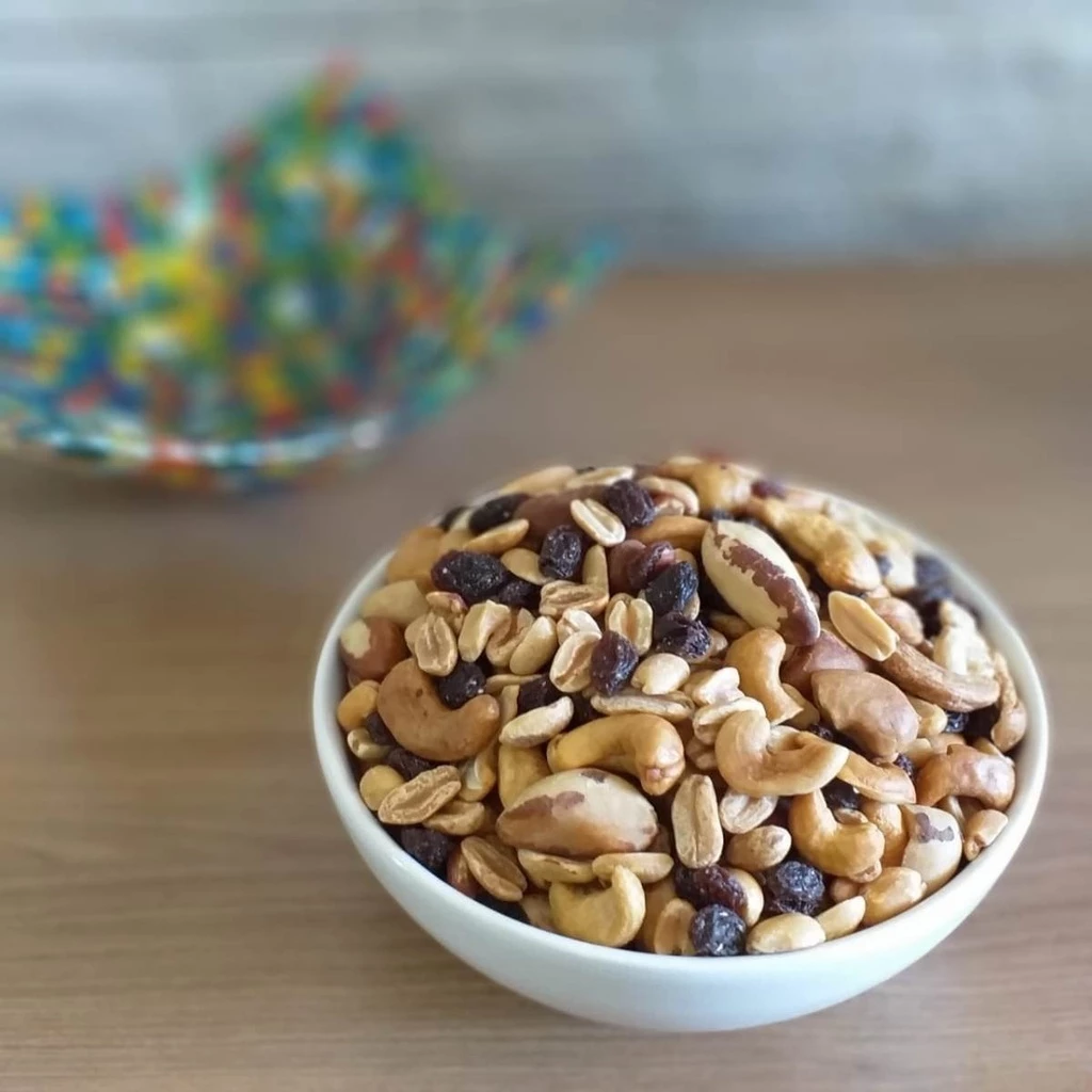 Tigela branca cheia com uma variacao do mix contendo castanhas, amendoins e uvas passas