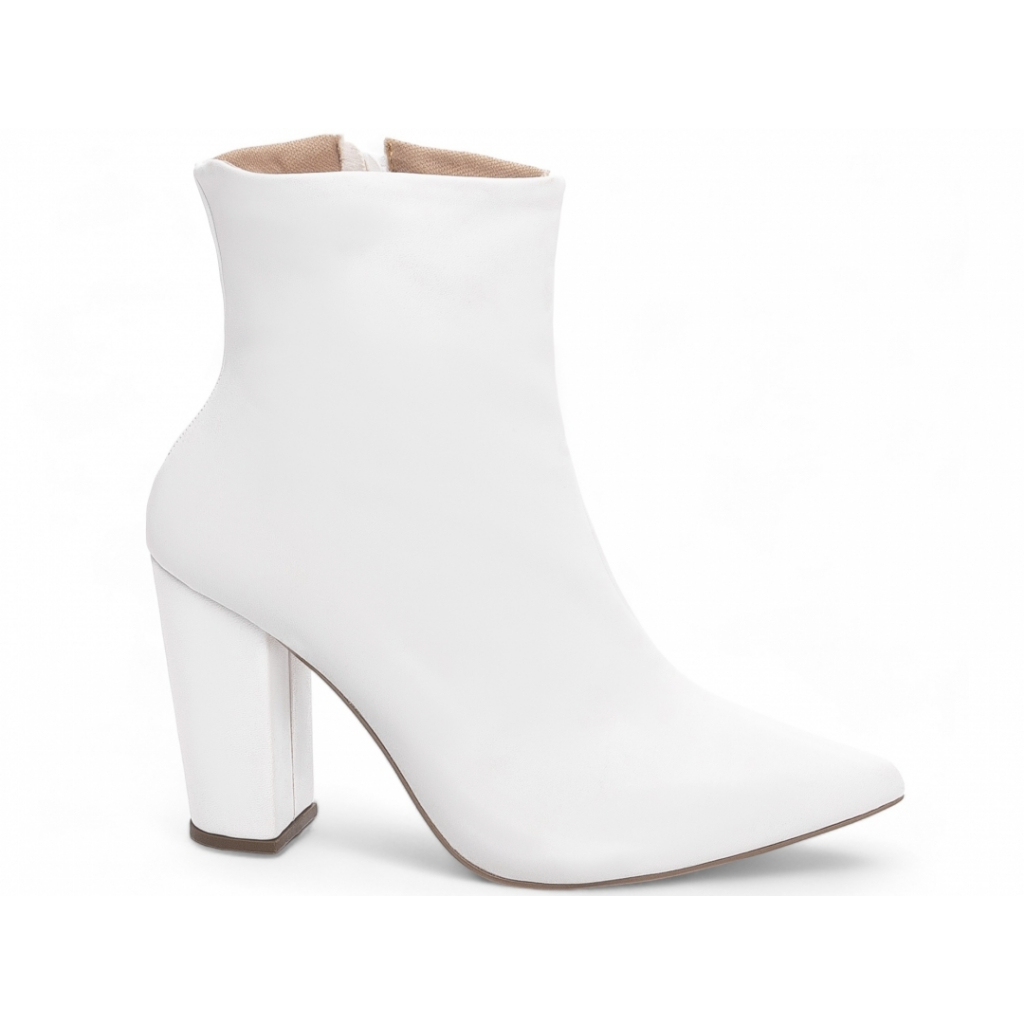 Bota Branca Cano Curto Simples Feminina Bico Fino Salto Grosso | Shopee ...