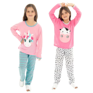 Kit 2 Pijama Longo Infantil Feminino Estampa Sortida Manga Longa Inverno Personagens