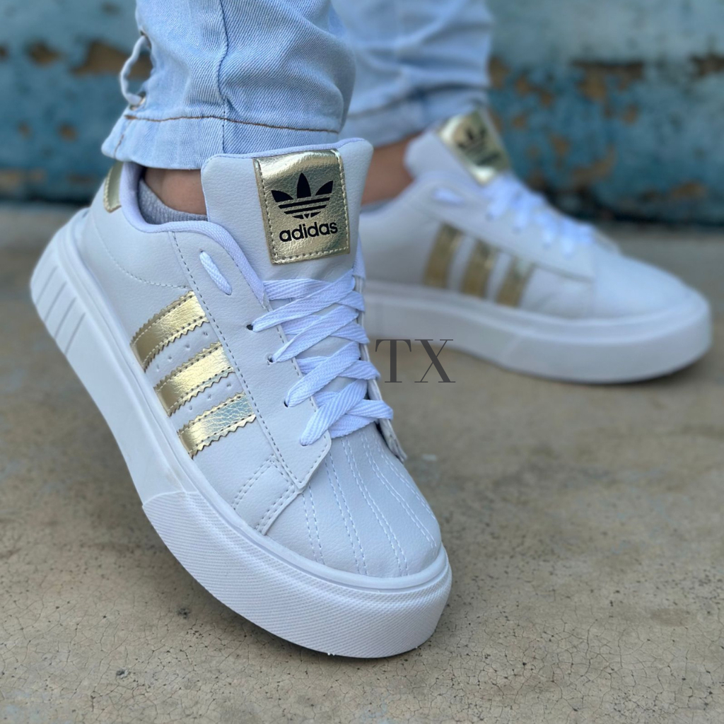 Tênis Feminino Branco Preto Sola Alta Listras