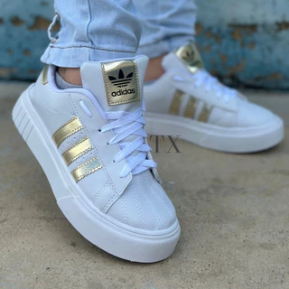 Tênis Feminino Branco Preto Sola Alta Listras