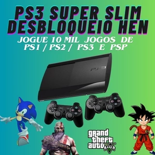 PS3 PLAYSTATION SUPER SLIM 250 GB COM *H.E.N.* COM 2 CONTROLES - ENVIO FILMADO E FOTOGRAFADO