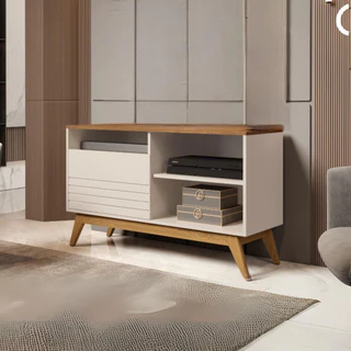 Rack Fênix Quarto Nicho Off-White/Freijó Retro Grande 2 Portas Pé Madeira 43" Polegadas Pintura Uv