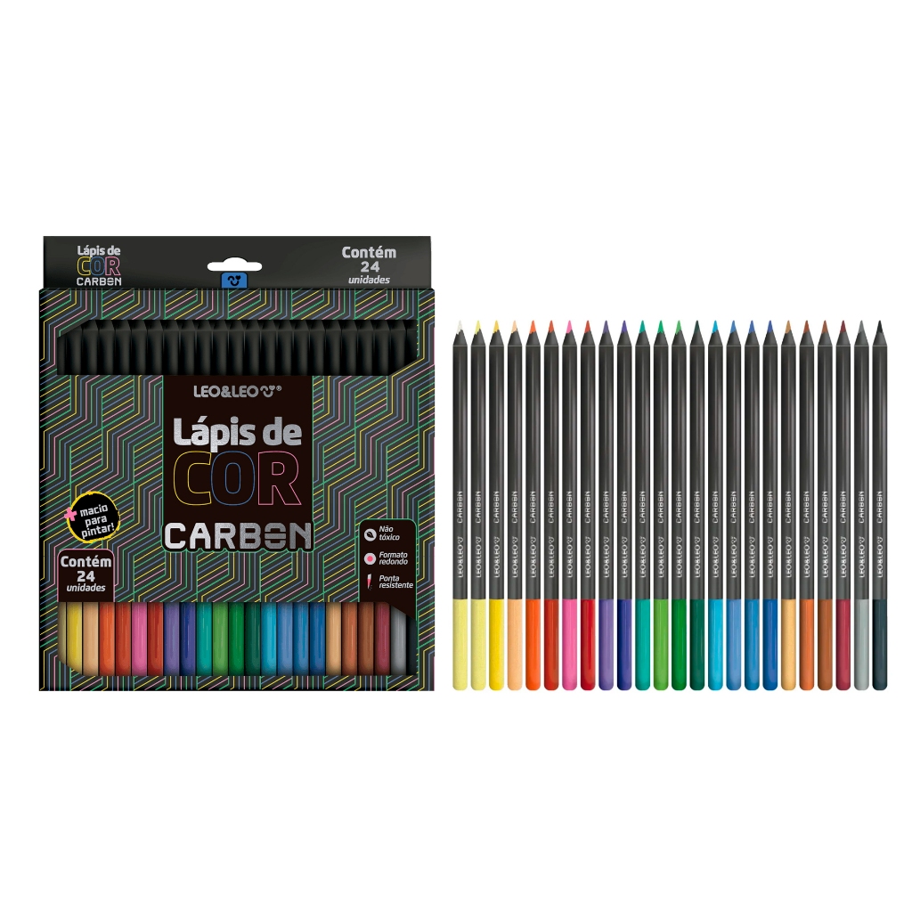 Lápis De Cor Carbon 24 Cores Redondo Leo&leo Pintura Escolar | Shopee ...
