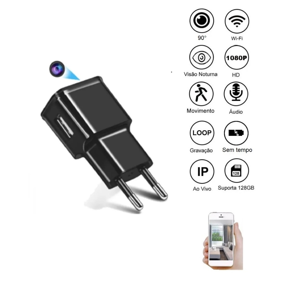 Mini Câmera Secreta Sem Fio Bateria HD 1080p Bateria 1100mAh 90° CAMCAR ...