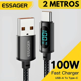 Essager Cabo LED USB para Tipo-C, 2 Metros Cabo em Nylon, 100W, 7a, com Visor de Voltagem.