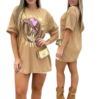 Camiseta Oversized Blusa Feminina Camisetão Chapéu e Bota Rodeio Cowgirl 100% Algodão