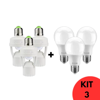 Kit 3 Soquete Bocal E27 Bivolt Com Sensor De Presença Movimento 360º + Lâmpada LED 12w