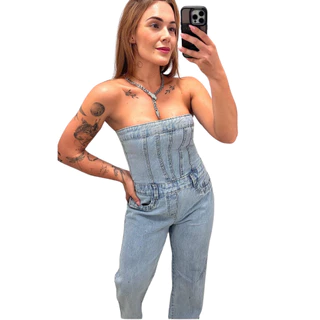 MACACÃO JEANS TOMARA QUE CAIA WID LEG COM ZÍPER TRASEIRO TENDENCIA MODA BLOGUEIRA