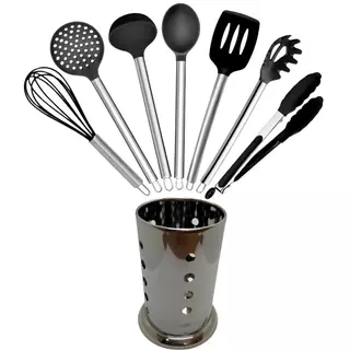 Jogo de Utensílios em Silicone Preto com Suporte Inox 7 Peças Kit Cozinha Moderno Versátil Tendência Alta Qualidade