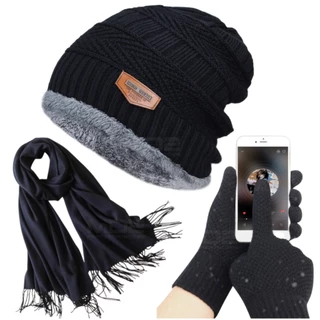 Kit Touca de Lã Forrada + Luva Touch Celular + Cachecol Preto Adulto