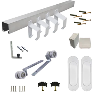 Kit trilho alumínio branco para porta de correr MDF, roldanas 2R e guia, par de concha (porta não inclusa)