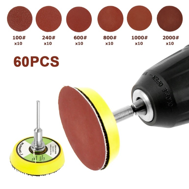 Conjunto 60 Peças 2" Pol (50mm) Lixas Abrasivas + Haste + Base Para Micro Retifica, Furadeira - Disco Polimento, Desbaste, Acabamento