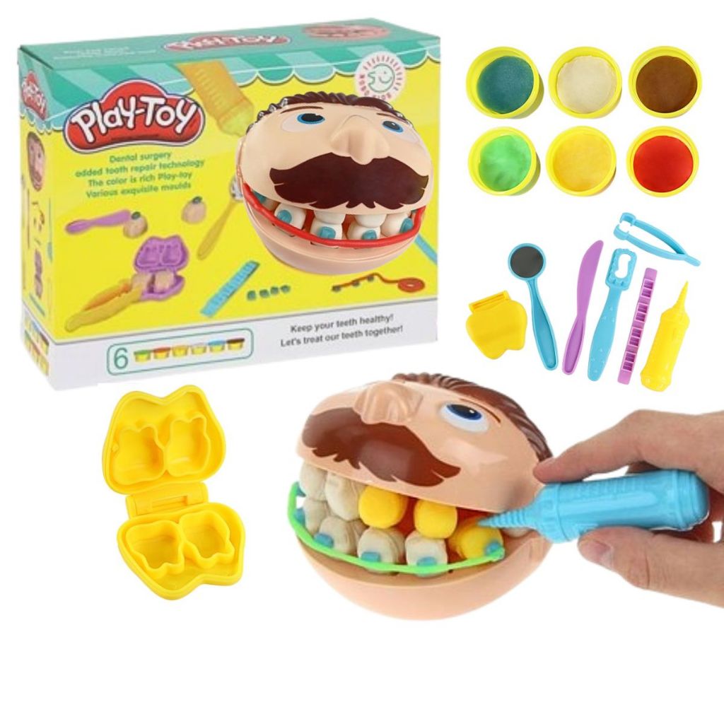 Kit Brinquedo Massinha Dentista Infantil 14pçs c/ Massinhas Moldes Ferramentas Odontológicas p/ Crianças Meninos Meninas