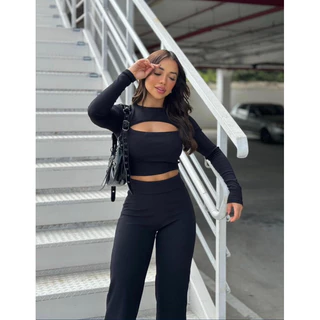 Conjunto Manga longa crooped e calça inverno duas peças com abertura no busto anarruga