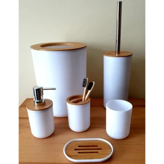 Kit Para Banheiro Lavabo Luxo Conjunto Bambu Porta Sabonete Escova Lixeira Conjunto 4 e 6 Peças