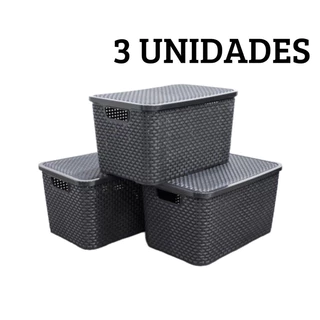 Kit 3 Caixas Organizadoras Cesto Multiuso Rattan 25 Litros Com Tampa ideal para Brinquedos Roupas Livros Caixa