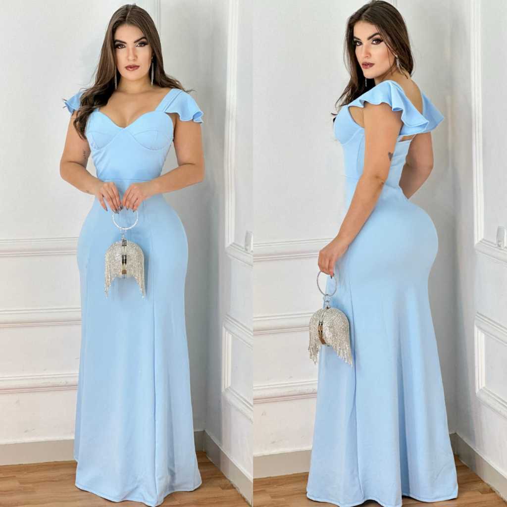 Vestido para casamento longo de alça com babado nas mangas com